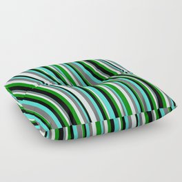 [ Thumbnail: Eyecatching Turquoise, Dim Grey, Light Cyan, Green & Black Colored Striped Pattern Floor Pillow ]