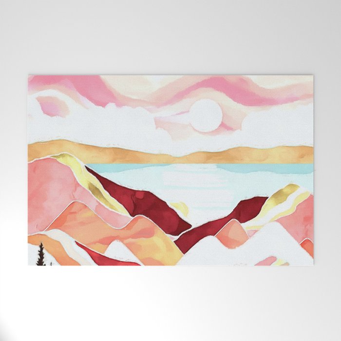 Alpine mountain pink sunset watercolor landscape painting for home, bedroom, living room, and wall decor Welcome Mat