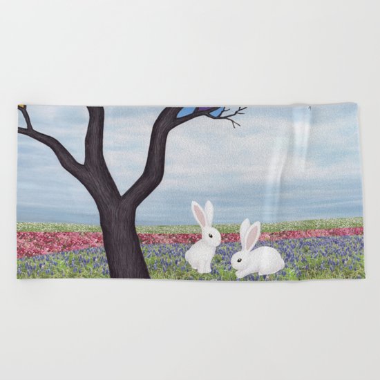 bunnies and the stained glass tree Beach Towel