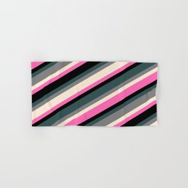 [ Thumbnail: Eye-catching Dark Slate Gray, Grey, Beige, Hot Pink, and Black Colored Lined/Striped Pattern Hand & Bath Towel ]