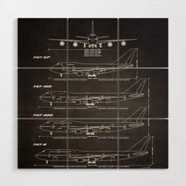 Boeing 747 Family Blueprint in High Resolution (black) Wood Wall Art