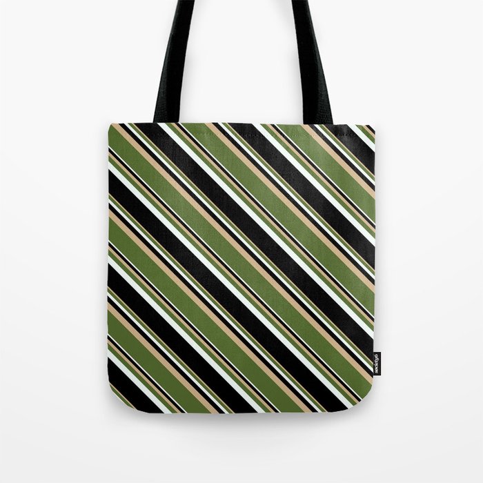 Tan, Dark Olive Green, Mint Cream & Black Colored Stripes Pattern Tote Bag