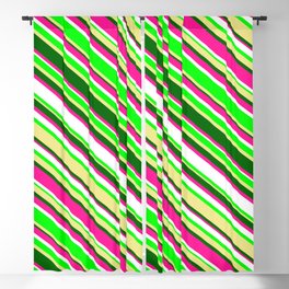 [ Thumbnail: Eye-catching Deep Pink, White, Lime, Tan & Dark Green Colored Lined/Striped Pattern Blackout Curtain ]