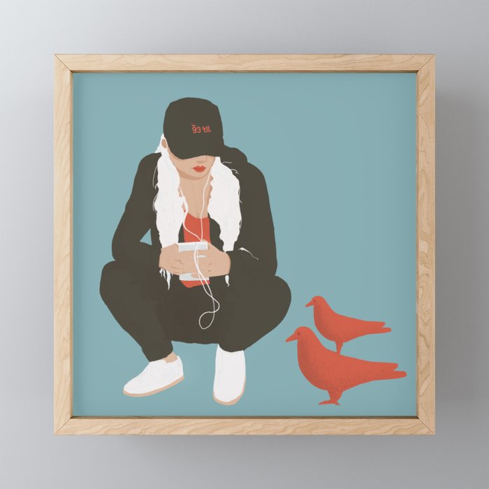 crouching with birds Framed Mini Art Print