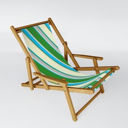[ Thumbnail: Light Yellow, Deep Sky Blue, Forest Green & Grey Colored Stripes Pattern Sling Chair ]