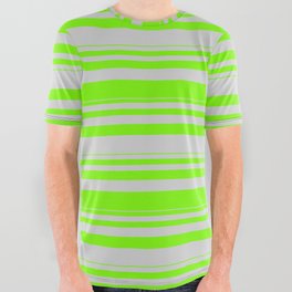 [ Thumbnail: Green & Light Grey Colored Lined Pattern All Over Graphic Tee ]