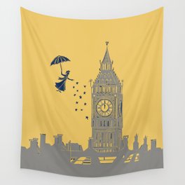 Mary Poppins and Big Ben in Mustard Yellow and Grey Wall Tapestry