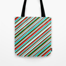 [ Thumbnail: Vibrant Red, Grey, Dark Turquoise, Mint Cream, and Dark Green Colored Striped/Lined Pattern Tote Bag ]