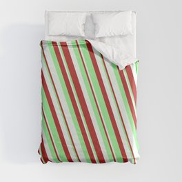 [ Thumbnail: Mint Cream, Red & Green Colored Lined Pattern Duvet Cover ]