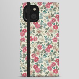 Vintage floral background. Floral pattern with small pastel color flowers on a light gray-green background. Seamless pattern. Ditsy style. Stock vintage illustration.  iPhone Wallet Case