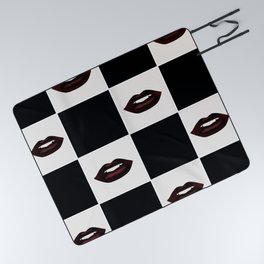 Dark Lips Black and White Checkerboard Pattern Picnic Blanket