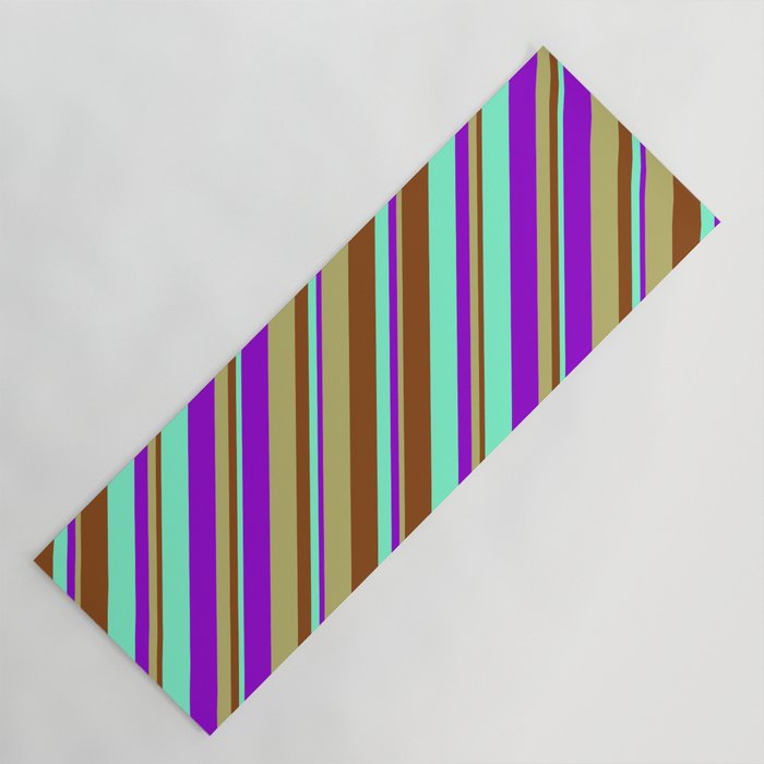 Aquamarine, Dark Violet, Dark Khaki, and Brown Colored Stripes/Lines Pattern Yoga Mat