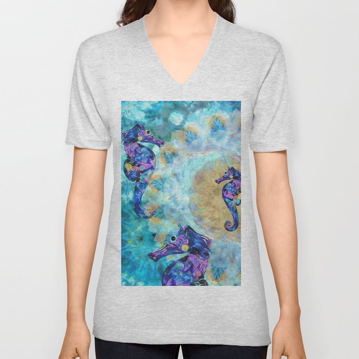 Colorful Seahorse Beach Art - Sea Dance V Neck T Shirt