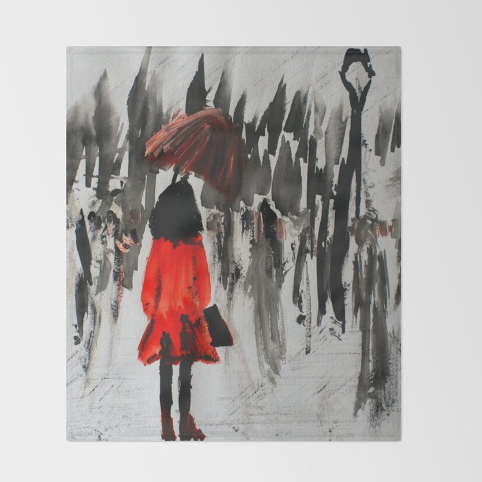 The Girl In The Red Rain Coat Part 3 Fine Art Acrylic Painting Throw Blanket By Jamespeart