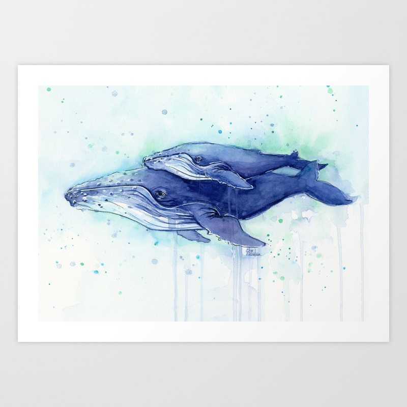 Humpback Whale Watercolor Mom And Baby Painting Whales Sea