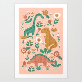 Folk Floral Dinosaurs in Pink Art Print