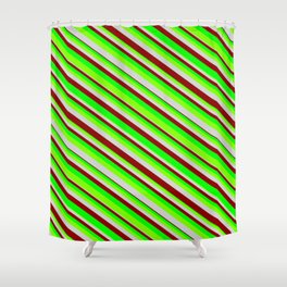 [ Thumbnail: Lime, Chartreuse, Light Grey & Dark Red Colored Stripes/Lines Pattern Shower Curtain ]