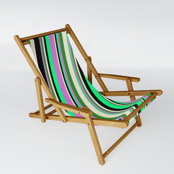 Vibrant Green, Orchid, Forest Green, Beige & Black Colored Striped Pattern Sling Chair