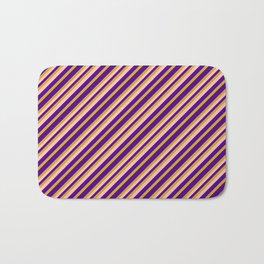 [ Thumbnail: Indigo, Goldenrod & Pink Colored Pattern of Stripes Bath Mat ]