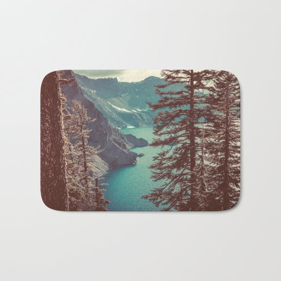 Vintage Blue Crater Lake and Trees Bath Mat