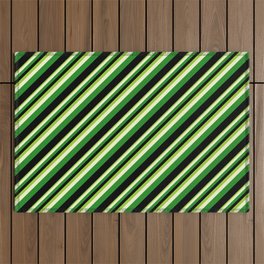 [ Thumbnail: Green, Light Yellow, Forest Green & Black Colored Stripes Pattern Outdoor Rug ]