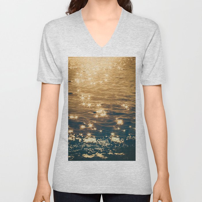 Sparkling Ocean in Gold and Navy Blue V Neck T Shirt