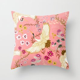 Chinoiserie cranes on pink, birds, flowers,  Throw Pillow