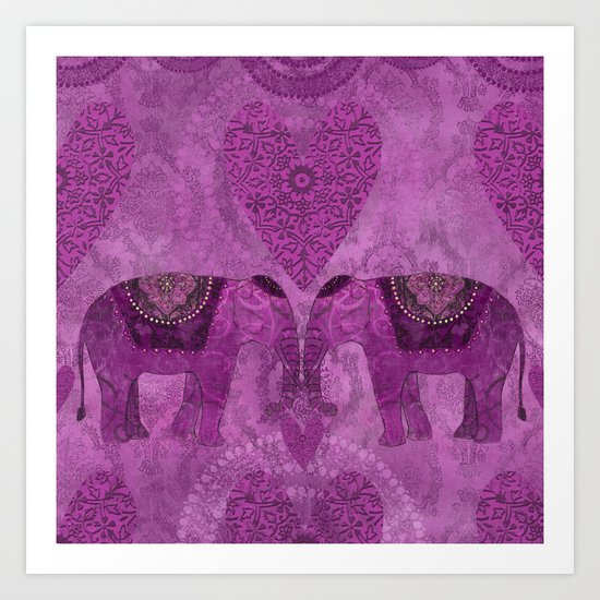 Elephants in Love pink heart artwork Art Print