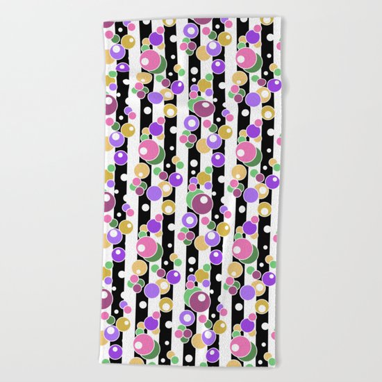 Colorful polka dots on black and white striped background . Beach Towel