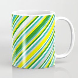 [ Thumbnail: Eyecatching Yellow, Forest Green, Mint Cream, Light Sea Green, and Light Grey Colored Lined Pattern Coffee Mug ]