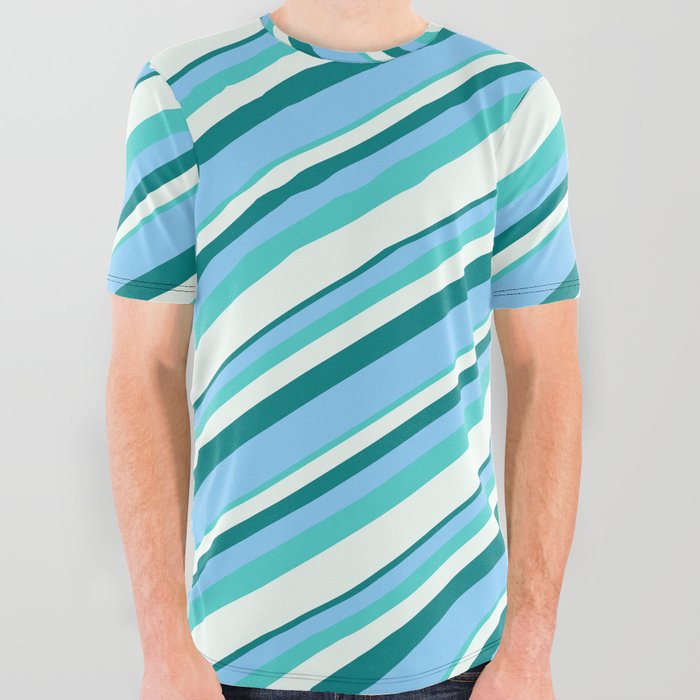 Teal, Light Sky Blue, Turquoise & Mint Cream Colored Striped Pattern All Over Graphic Tee