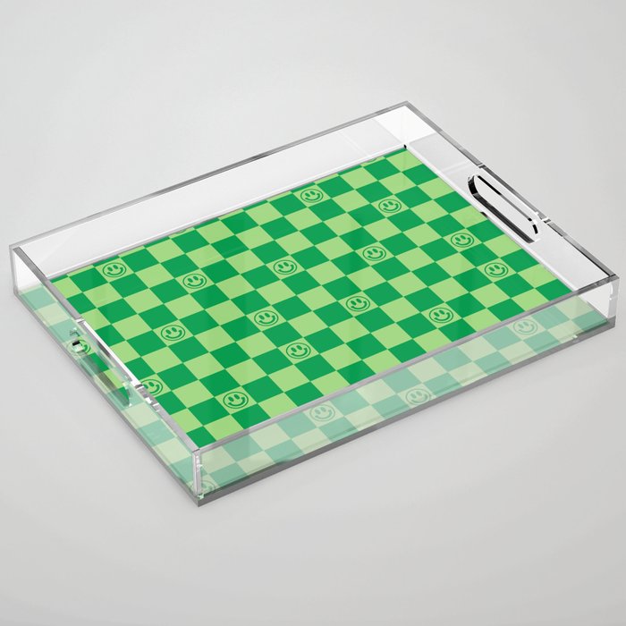 Monochromatic Green Smiley Face Checkerboard Acrylic Tray