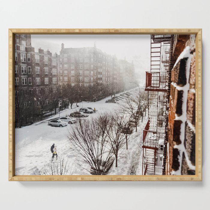 Brooklyn street covered in snow during winter snowstorm blizzard in New York City Serving Tray