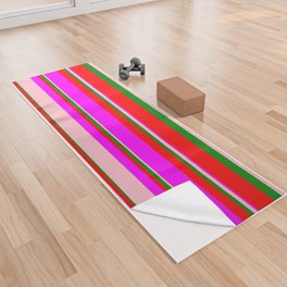 [ Thumbnail: Green, Red, Fuchsia, and Pink Colored Lined/Striped Pattern Yoga Towel ]