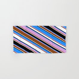 [ Thumbnail: Blue, Plum, Brown, White & Black Colored Lined/Striped Pattern Hand & Bath Towel ]