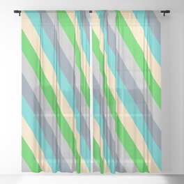 [ Thumbnail: Eyecatching Grey, Light Slate Gray, Turquoise, Beige & Lime Green Colored Stripes/Lines Pattern Sheer Curtain ]