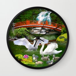 Swans and Baby Cygnets in an Oriental Landscape Wall Clock