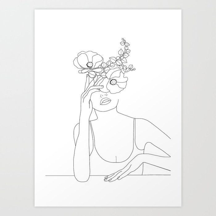 Minimal Line Art Woman With Flowers Ii Art Print By Nadja1 Society6,Outdoor Drawings