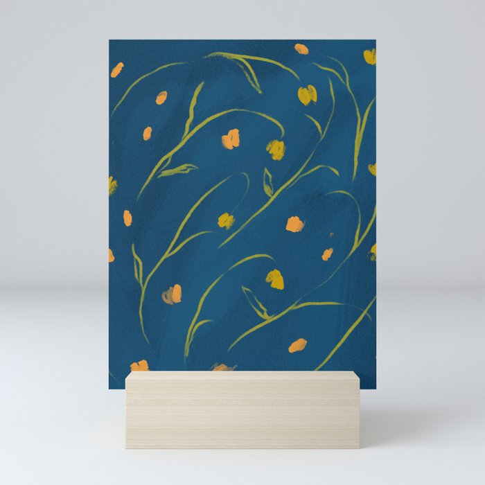 Yellow Orange Flower On Blue Backdrop | Floral Pattern Design Mini Art Print