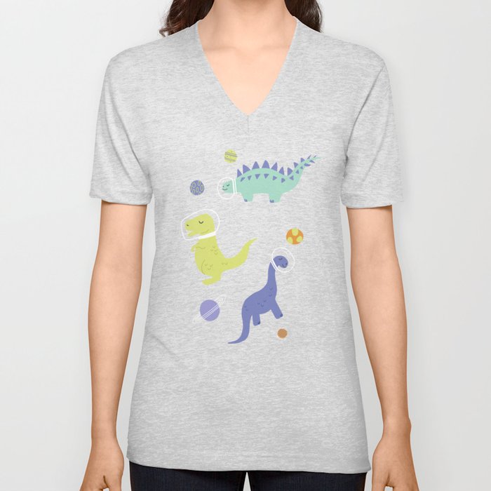 Cute Dinosaurs in Space V Neck T Shirt