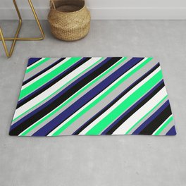 [ Thumbnail: Green, Grey, Midnight Blue, Black & White Colored Stripes Pattern Rug ]