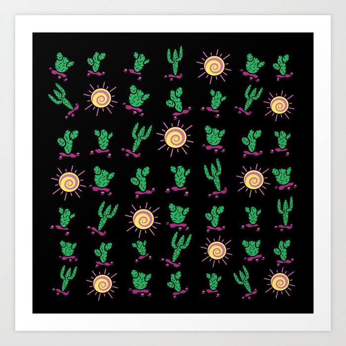 Sunny Cacti on Black Background Art Print