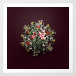 Vintage Robinier Rose Bloom Flower Wreath on Wine Red Art Print