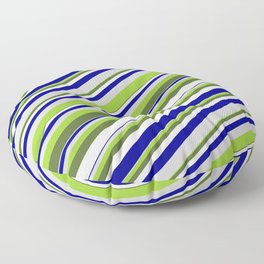 [ Thumbnail: Vibrant Green, Dark Olive Green, White, Dark Blue & Light Grey Colored Lines/Stripes Pattern Floor Pillow ]