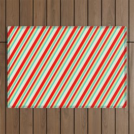 [ Thumbnail: Beige, Red, Tan, and Turquoise Colored Striped Pattern Outdoor Rug ]