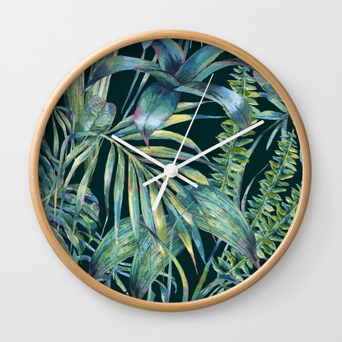 Watercolor green tropical leaves Wall Clock