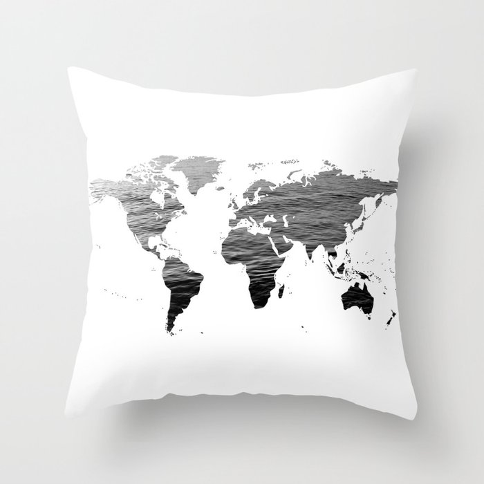 World Map - Ocean Texture - Black and White Throw Pillow