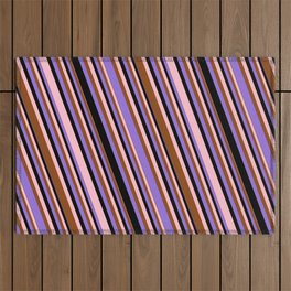 [ Thumbnail: Pink, Brown, Purple & Black Colored Lined Pattern Outdoor Rug ]