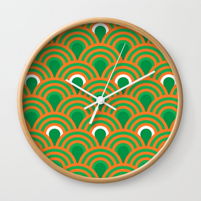 Retro Sixties Inspired Fan Pattern In Green And Orange Wall Clock By Retro Sixties Inspired Fan Pattern In Green And Orange Wall Clock