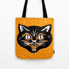 Vintage Type Halloween Black Cat Face Stars Orange Tote Bag